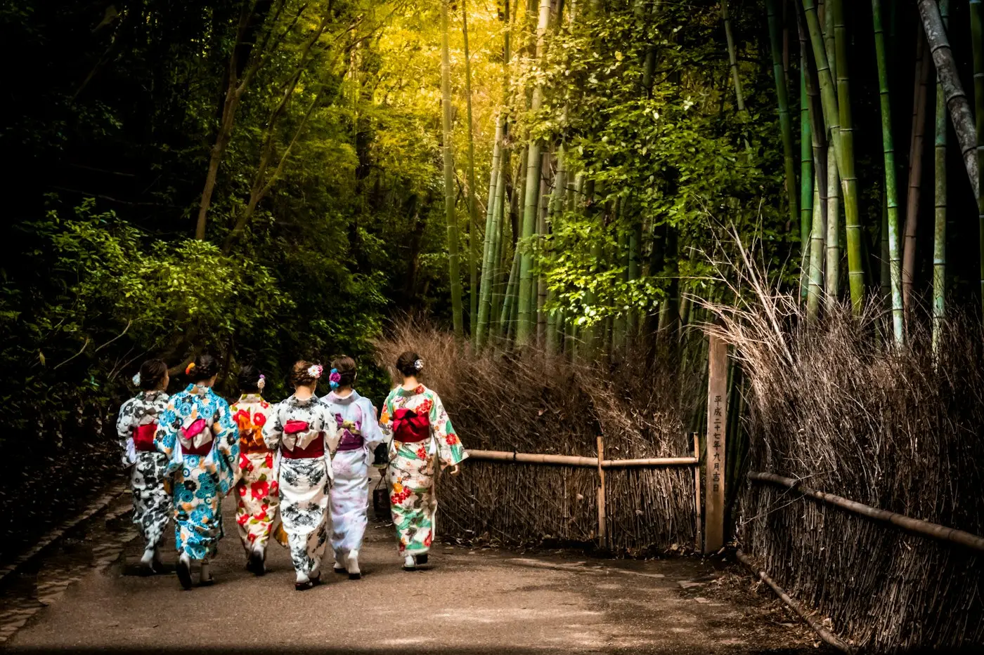 Promeneuses en kimono dans la forêt de bambous d'Arashiyama