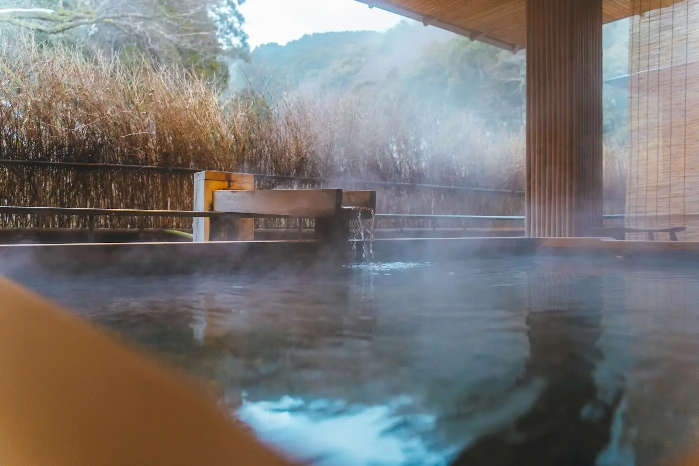 Un bain thermal en plein air, dans la vapeur
