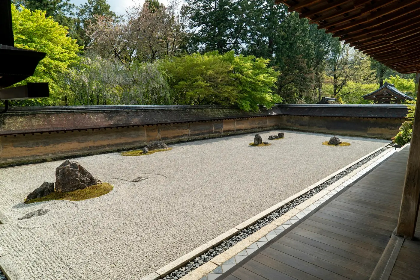 Le jardin de pierres du Ryōan-ji, gravier ratissé et rochers